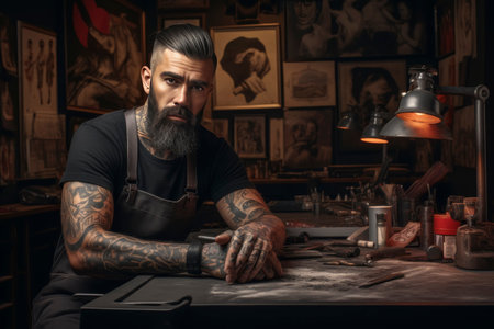 Bearded Tattoo Artist Posing in Studioの素材