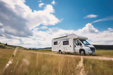 Motorhome parked on rural dirt road with trees and fields under a blue skyの素材