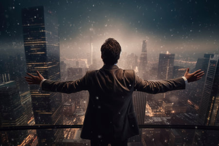 Businessman Embracing Cityscape at Nightの素材