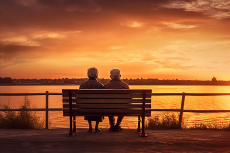 Elderly couple sitting on bench overlooking lake at sunsetの素材