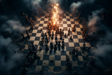 Dramatic chess pieces on fire on a smoky board. Conceptual photography.の素材