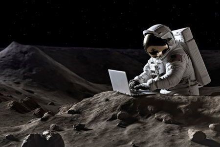 Astronaut Working on Laptop on Moon Surfaceの素材