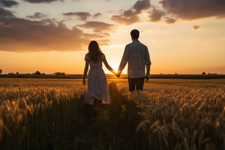 Couple Holding Hands in Sunset Wheat Fieldの素材