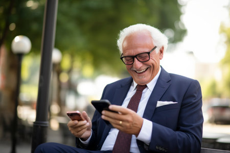 Joyful senior man texting on phone in urban setting.の素材