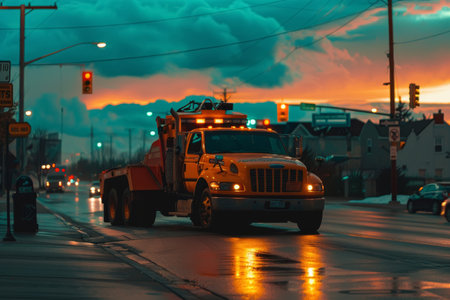 A heavy-duty tow truck operating under harsh winter conditions, providing roadside assistance at night. The vibrant lights reflect on the wet road, enhancing visibility and safety during the operationの素材