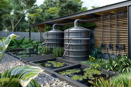 A sophisticated rainwater harvesting system installed alongside a building, exemplifying sustainable technology in action. The efficient collection and recycling of rainwater highlight eco-friendly practicesの素材