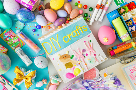 A vibrant array of Easter crafts and DIY materials spread out, showcasing an inspiring array of colors and textures. This creative setup invites crafting enthusiasts to dive into festive decoration.の素材