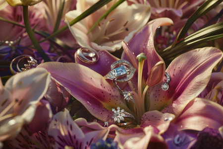 A dazzling array of fine jewelry is nestled within the petals of exotic lilies. The intricate pieces shine with luxury and craftsmanshipの素材