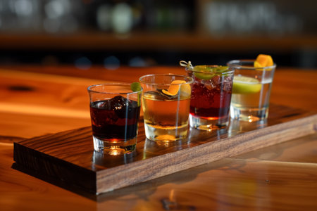 Miniature cocktails lined up on a sleek bar top invite patrons to a tasting journey. Each drink, with unique garnishes, represents a fusion of flavor and presentationの素材