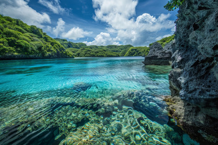 The stunning clarity of a hidden cove reveals an underwater world in a lesser-known travel destination. Lush green hills embrace the serene blue watersの素材