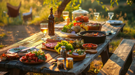 An inviting outdoor setting with a wooden table adorned with grilled delicacies, salads, and drinks, capturing the essence of alfresco dining.の素材