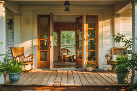 The warmth of a welcoming front porch captured during golden hour, featuring open doors and a cozy rocking chair amidst lush greenery.の素材
