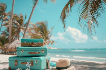 Stacked turquoise suitcases adorned with flowers and a straw hat against a backdrop of palm trees and azure skies, capturing the essence of travel and leisureの素材