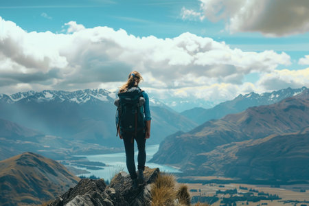 A lone backpacker stands atop a mountain peak, overlooking a vast wilderness, epitomizing the spirit of adventure and explorationの素材