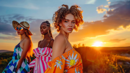 Three fashion models strike an elegant pose against a backdrop of golden-hour skies, showcasing contemporary summer trends.の素材