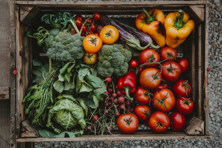 A rustic wooden crate overflows with an abundant assortment of fresh, colorful vegetables, symbolizing healthy eating and local agriculture.の素材