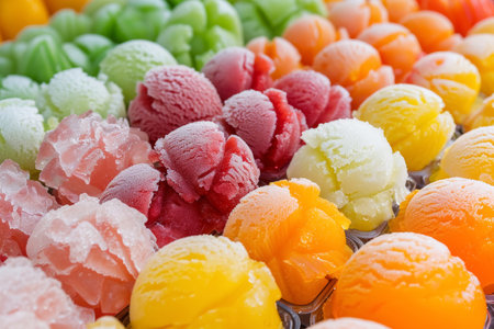 Vibrant selection of fruit sorbets, showcased in a display case, offers a visual feast hinting at a variety of refreshing flavors.の素材