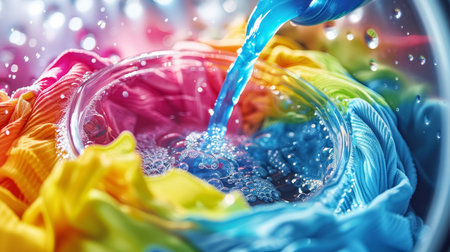 A vibrant depiction of laundry with colorful clothing and flowing detergent, highlighting a fresh and clean washing experienceの素材