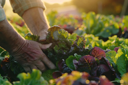 A farmer's hands carefully gather a selection of fresh, leafy greens, bathed in warm sunlight at golden hour.の素材