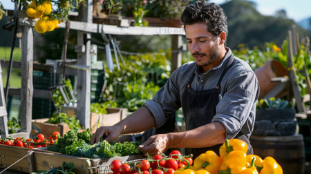 A focused chef handpicks the freshest vegetables and fruits at a vibrant market, ensuring the highest quality for culinary creationsの素材