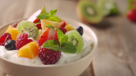 A delectable bowl of creamy yogurt brimming with slices of fresh strawberries, kiwi, and blueberries, garnished with mint leavesの素材