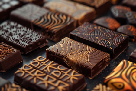 Close-up of a luxurious selection of handcrafted chocolates with intricate designs and sparkling edible decorationsの素材