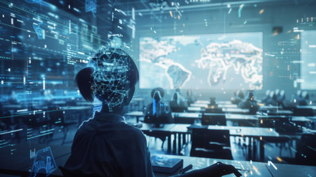 A student interacts with advanced AI technology in a digital classroom, showcasing futuristic education and virtual learning environmentsの素材
