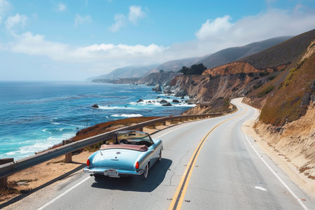 A vintage convertible car cruises along a stunning coastal road with dramatic cliffs and the vast ocean under a hazy sky.の素材