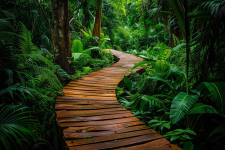 A serene wooden pathway meanders through a vibrant green jungle, offering a sense of adventure and tranquility amidst lush foliageの素材