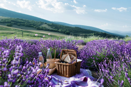 A serene picnic setup in a lush lavender field under a clear sky, complete with a basket, pastry, and a book, evoking a sense of peace and relaxationの素材