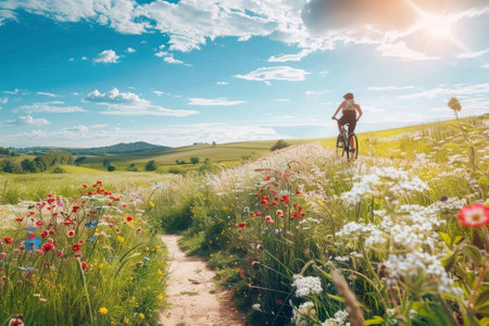 A cyclist travels down a charming trail surrounded by vibrant wildflowers, experiencing the natural beauty of the countrysideの素材