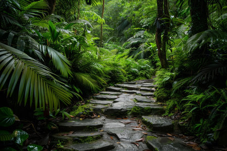 A serene wooden pathway meanders through a vibrant green jungle, offering a sense of adventure and tranquility amidst lush foliageの素材