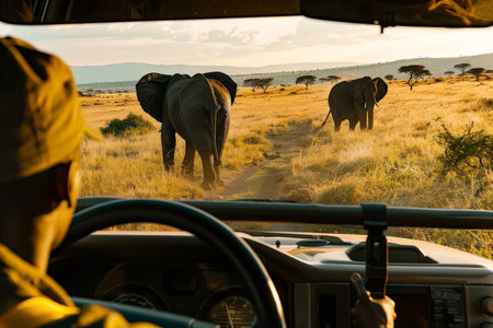 The captivating moment of coming face-to-face with majestic elephants during a golden-hour safari driveの素材