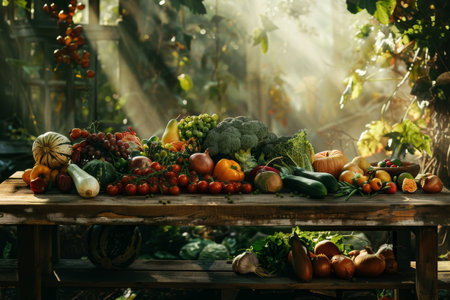 Sunlight filters through onto a rustic wooden table brimming with a colorful array of garden-fresh vegetables.の素材