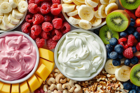 An array of healthy snacks featuring fresh fruits, nuts, and yogurt, beautifully presented, offers a nutritious and delicious choice.の素材