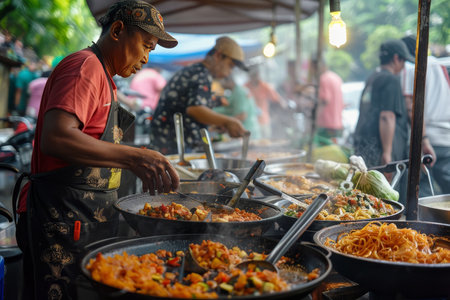 A street vendor in Jakarta skillfully prepares local cuisine at a bustling night market, steam and city lights mingling in the backgroundの素材