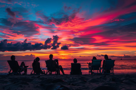 Silhouettes of people lounging on beach chairs under a mesmerizing sunset sky, enjoying the tranquil seascapeの素材