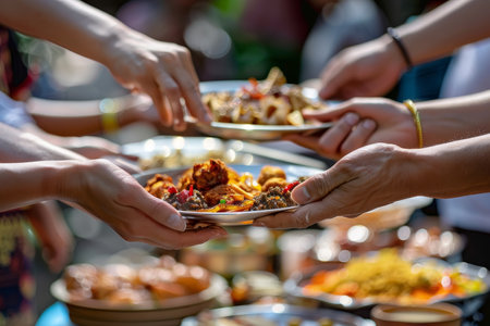 Outstretched hands offering a plate of colorful mixed rice in a communal or charity feeding setting, emphasizing sharing and caringの素材
