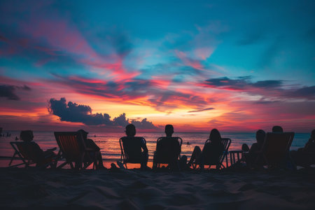 Silhouettes of people lounging on beach chairs under a mesmerizing sunset sky, enjoying the tranquil seascapeの素材