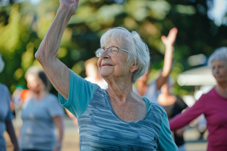 A group of seniors enjoy a light and cheerful workout with colorful exercise balls in a sun-dappled park settingの素材