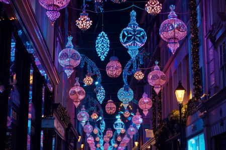 Streets become a fairy tale in the holiday season, with intricate lights and decorations casting a magical glow on the festive shoppers below.の素材