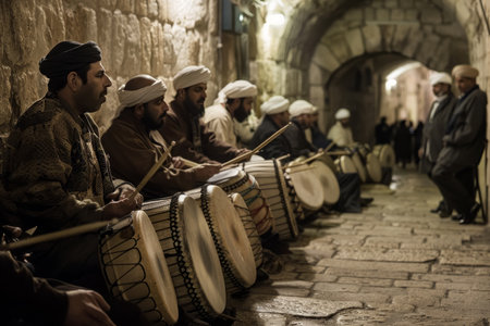 Traditional drummers, with bright smiles and authentic attire, awaken residents with rhythmic beats for Suhur during Ramadanの素材
