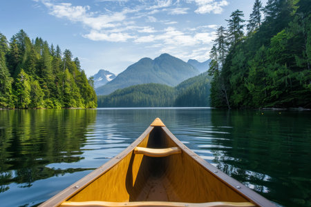 A canoe navigates the tranquil waters of a clear mountain lake, flanked by lush forests and a majestic mountain backdrop. Ideal for themes of adventure, tranquility, and natureの素材