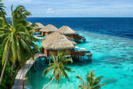 A breathtaking tropical resort with overwater bungalows, extending into the turquoise sea under a clear blue sky, framed by lush palm treesの素材