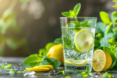 A sparkling glass of lemon mint water, chilled with ice and garnished with fresh lemon and mint, suggests a refreshing experience in a natural, vibrant settingの素材