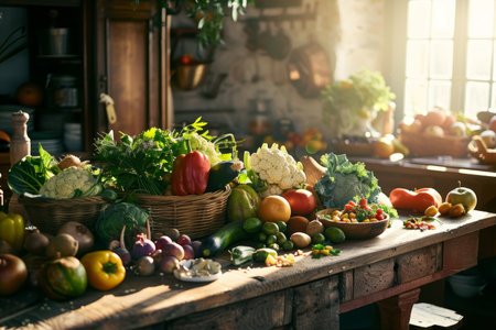 Sunlight filters through onto a rustic wooden table brimming with a colorful array of garden-fresh vegetables.の素材