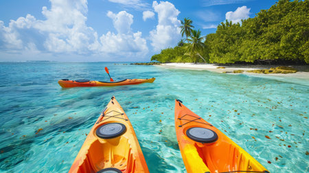 Adventurers in yellow kayaks explore the clear blue waters near a lush tropical island with mountain viewsの素材