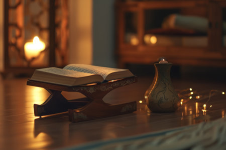 An open Quran illuminated by candlelight, evoking a serene atmosphere for spiritual reflection and religious study in a tranquil settingの素材