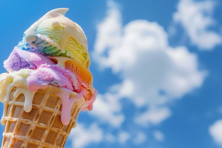 A whimsical close-up of a melting, colorful ice cream cone against a bright blue sky, highlighting the joy of summer treats.の素材