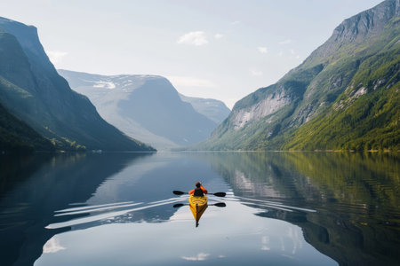 A solitary kayaker in a vibrant yellow kayak explores the calm, reflective waters of a mountain-fringed fjordの素材